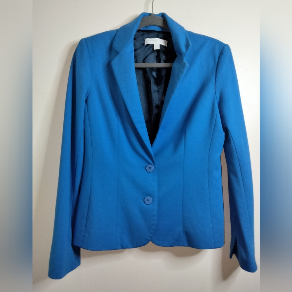 New York & Co. (Size 4) Blue Interior Lined Stripe Vent LS Button Blazer Jacket